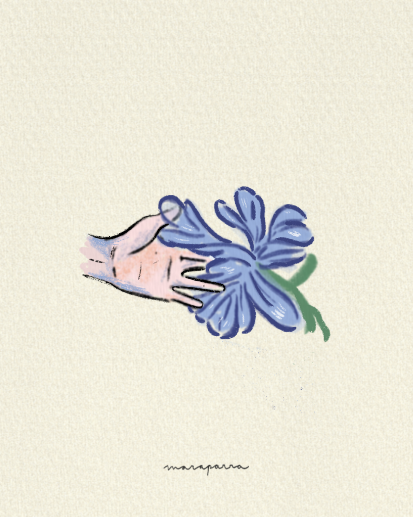La ilustración de Mara Parra muestra a Gabriela Mistral y Doris Dana e ilustra el texto "Para una lesbiana Gabriela es..." de Revista Abismo
