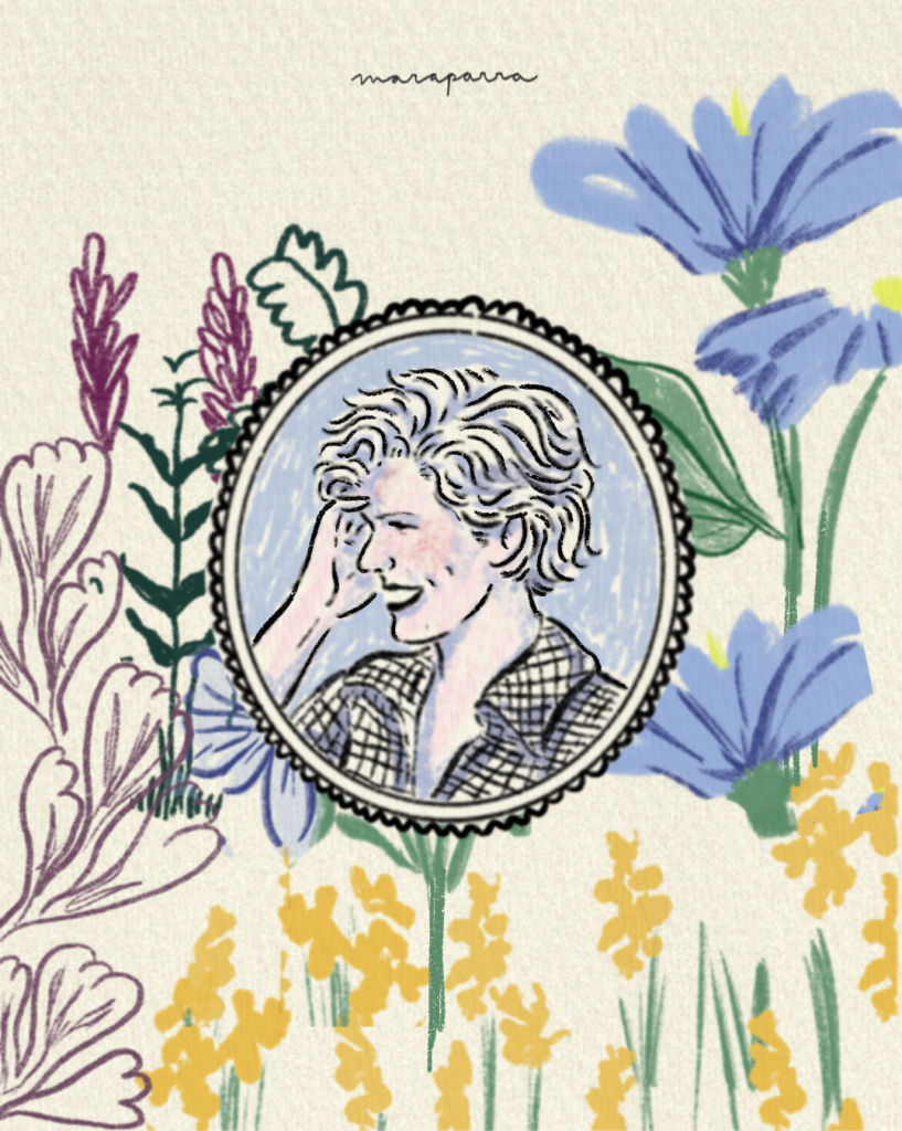 La ilustración de Mara Parra muestra a Gabriela Mistral y Doris Dana e ilustra el texto "Para una lesbiana Gabriela es..." de Revista Abismo