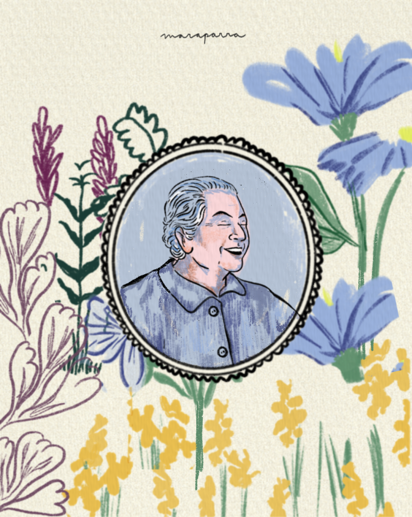 La ilustración de Mara Parra muestra a Gabriela Mistral y Doris Dana e ilustra el texto "Para una lesbiana Gabriela es..." de Revista Abismo