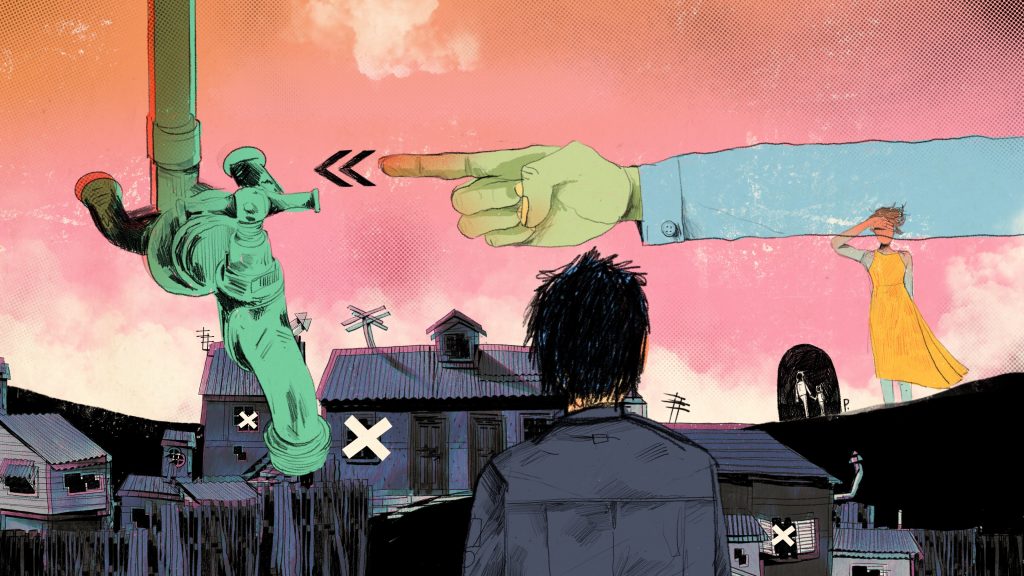 La imagen es una ilustración de Pato Vera que acompaña el texto ¿Va a estar bien?, de revista Abismo