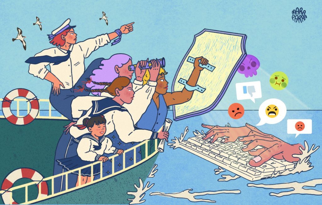 La imagen es una ilustración de Mara Parra para el texto "Un círculo de confianza contra el muro del odio", de Revista Abismo
