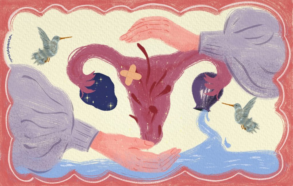 La ilustración de Mara Parra muestra un útero con heridas y acompaña el reportaje "Los silencios de un útero doliente" de Amanda Marton