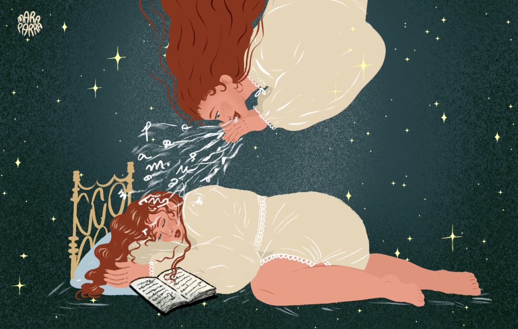 La ilustración muestra una mujer susurrándole palabras a otras. Es un diseño de Mara Parra para el ensayo "Sueño con palabras", de revista Abismo.