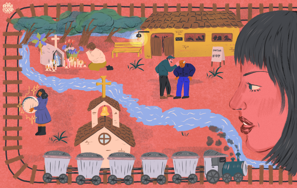 La imagen es una ilustración de Mara Parra y acompaña el cuento "El pueblo sin nombre", publicado en Revista Abismo.