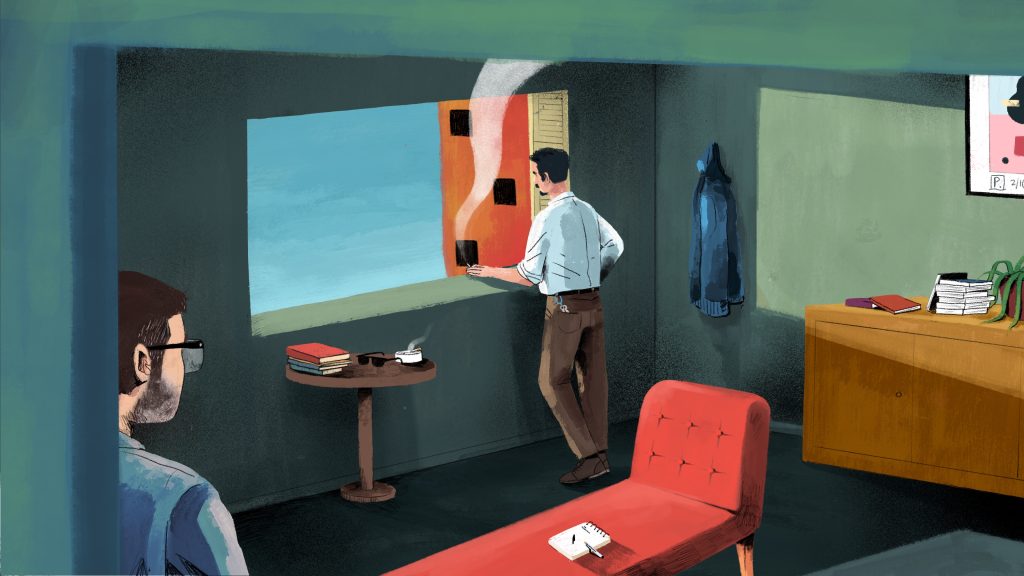 La imagen, una ilustración de Pato Vera, muestra a dos personas en una sala de terapia.